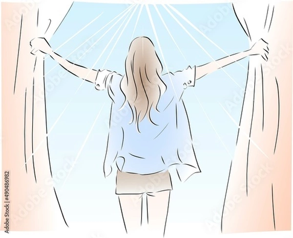 Obraz 朝起きて朝日を浴びる女性