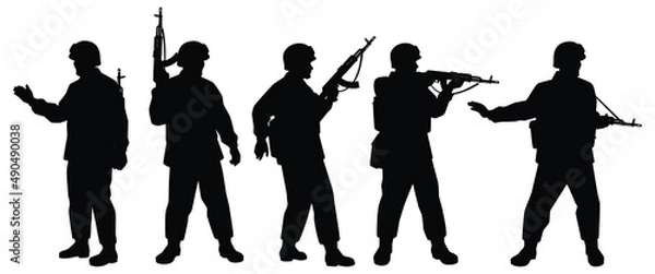 Obraz Soldier with rifle gun in war silhouette vector, military man in the battle.