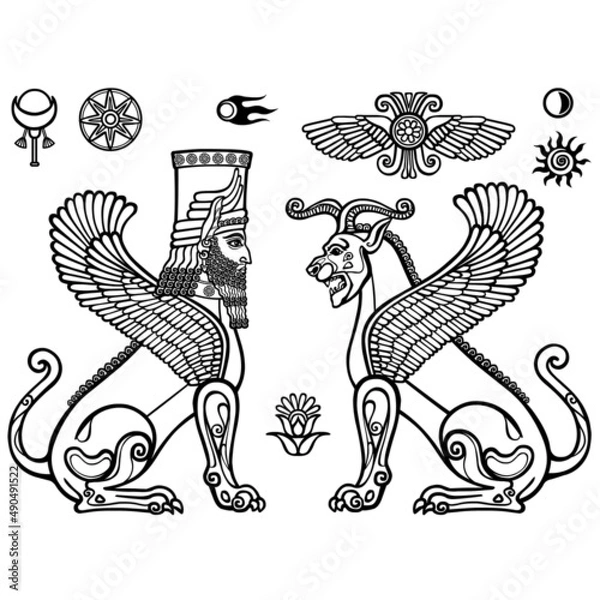 Fototapeta Graphic set: figures of the Assyrian mythology - a lion  and a sphinx of people. Space symbols. Monochrome drawing isolated on a white background. Vector illustration. Be used for coloring book. 