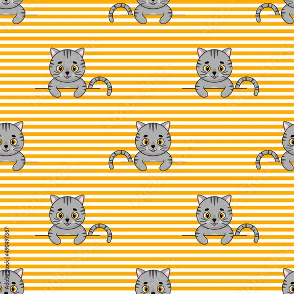 Fototapeta Seamless vector pattern with cute gray cats with yellow eyes on a horizontal yellow-white stripe. Vector illustration.