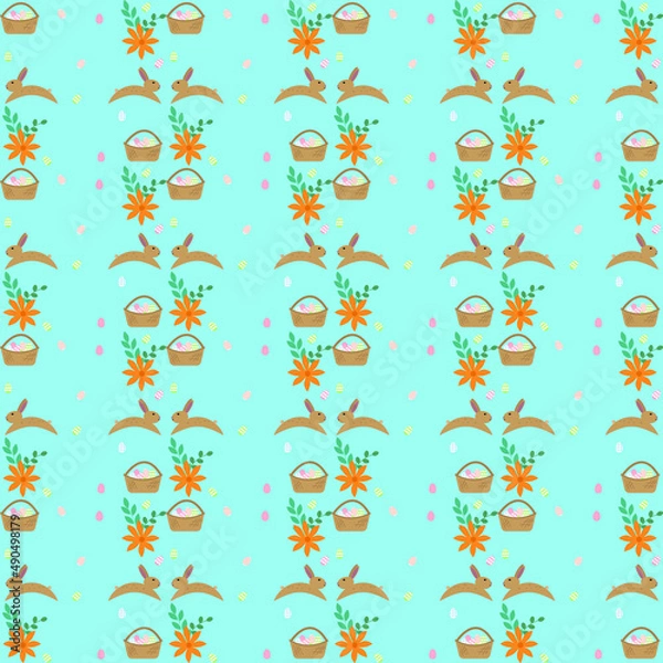 Obraz Easter pattern with rabbits and a basket of eggs