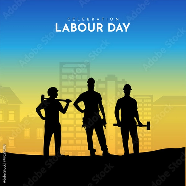 Fototapeta Happy labour day design concept with silhouette of workers. International Labor Day isolated on blue sky.