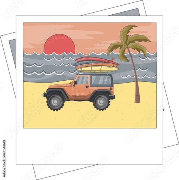 Obraz Car with surf boards on the ocean, palm tree and sunset. Flat vector illustration in photocard frame.