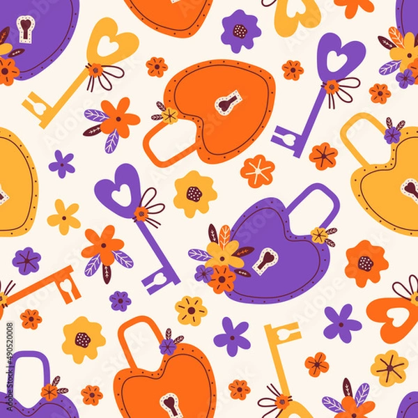 Fototapeta Heart shaped lock and golden key on light background. Hand drawn vector seamless pattern. Symbol of love padlock for 14 february, Valentines day, wedding. Illustration in Scandinavian style.