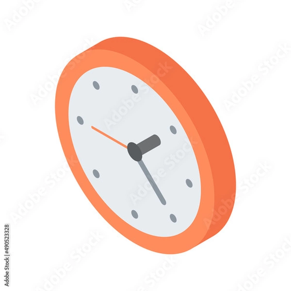 Fototapeta Red circle wall watch with arrows isometric vector illustration. Rounded clock for time checking hanging indoor at home office isolated. Minutes, hours and seconds accuracy measure