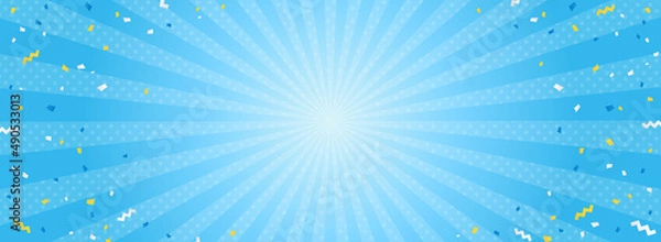 Obraz バナー向け　紙吹雪×集中線×ドットの水色背景（横長）