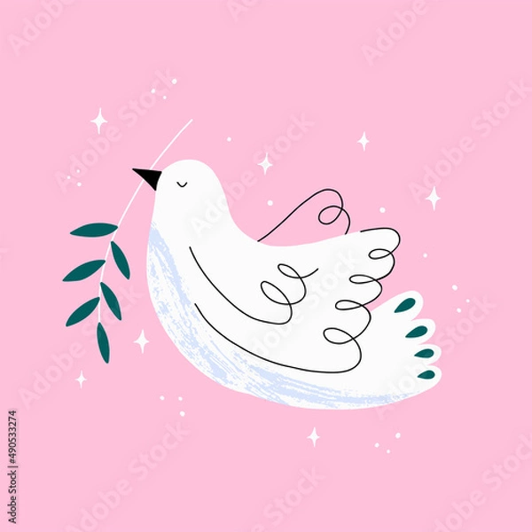 Fototapeta Concept for world peace day postcard with dove and branch. Bird International symbol of peace, hope and pray. Hand drawn vector illustration.