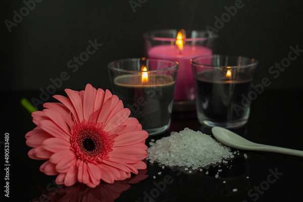 Obraz Flower, candles and salt for bathtub on black background
