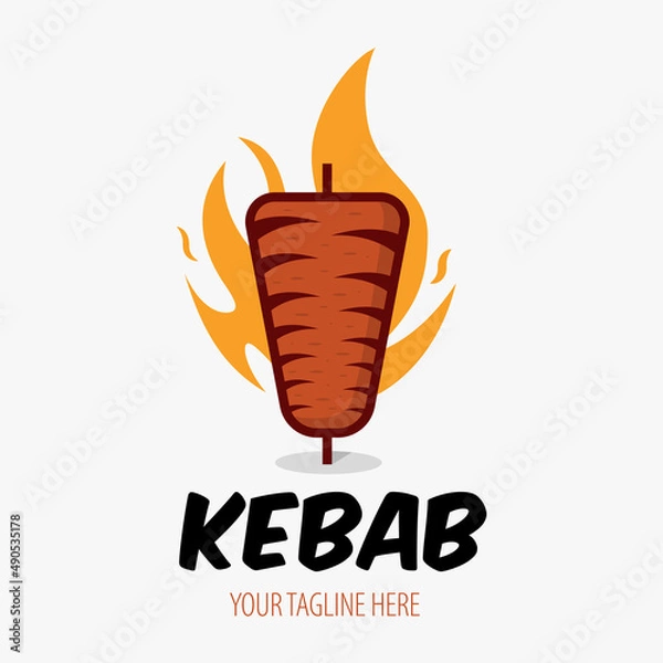 Fototapeta Creative Doner kebab logo with flame element. Shawarma emblem. Turkish fast food restaurant, barbecue cafe or grill bar symbol of skewer or rotating spit with grilled meat.