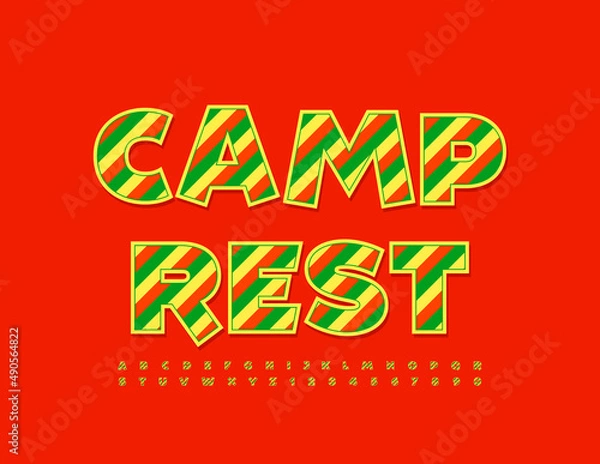 Fototapeta Vector bright poster Camp Rest. Striped print Font. Creative artistic Alphabet Letters and Numbers set