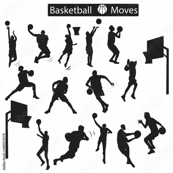 Fototapeta A set of basketball game moves can be used as icon, line drawing, coloring book and silhouette
