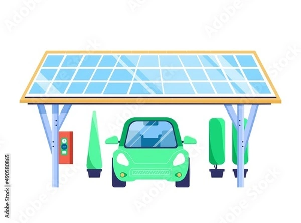 Obraz Solar car port, sheltered place with integrated charging point for electric vehicles, solar panels. Green renewable energy concept. Isolated vector illustration in flat style, front and side view