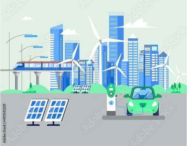 Obraz Modern cityscape, skyscrapers, bridge with riding train, wind energy turbine, electro car, solar panels. Vector illustration in flat style. Renewable energy concept