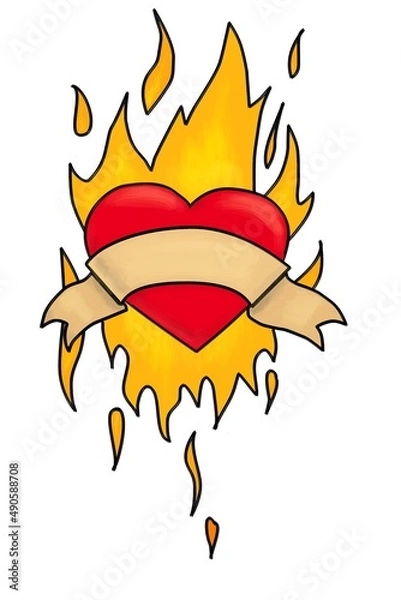 Fototapeta Heart.
Color illustration of a burning heart. Idea for a tattoo. A burning heart with a ribbon on which you can put your own inscription.
