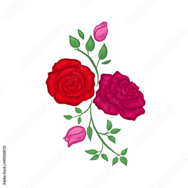 Fototapeta Roses
Color illustration of roses. Red and pink roses. Rose in full bloom and closed buds. Roses with leaves. Idea for a pattern.