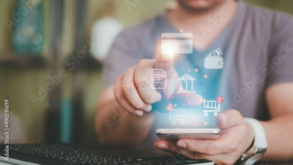 Fototapeta Digital marketing, Businessman using tablet analysis economy finance and sale data growth on interface icons, Banking, Finance, Business Strategy on global business network connection 