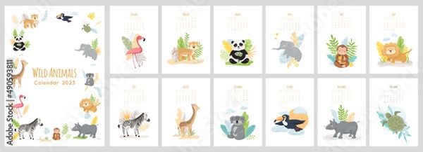 Fototapeta Calendar 2023 with cute wild baby animals. Set of 12 month vector illustrations, zoo characters in cartoon style. Jungle leaves, plants isolated on white background. Cover and pages design concept