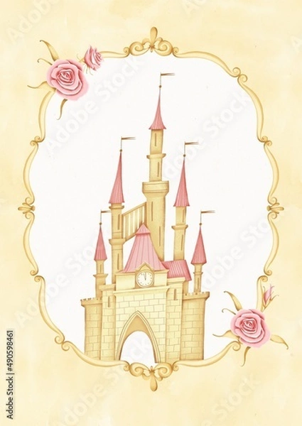 Fototapeta A fairy-tale castle in a golden vintage frame with roses. Stock illustration.