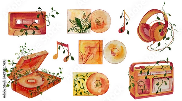 Fototapeta Set of watercolor illustration of tape recorder, music record, cassette, record player, notes, headphone isolated on white. Hand-drawn music illustration for design music shop, card, poster.