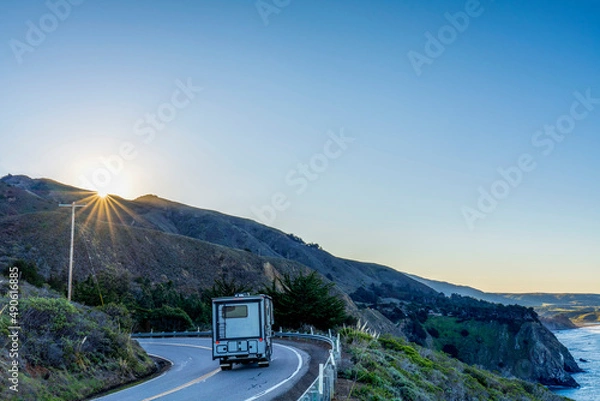 Obraz RV, recreational vehicle on the mountain highway at sunset