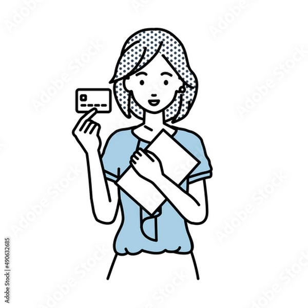 Fototapeta 立って書類とカードを手に持つオフィスカジュアルの女性