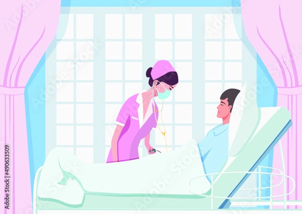 Fototapeta Vector illustration of nurses and patients doing examination in the ward