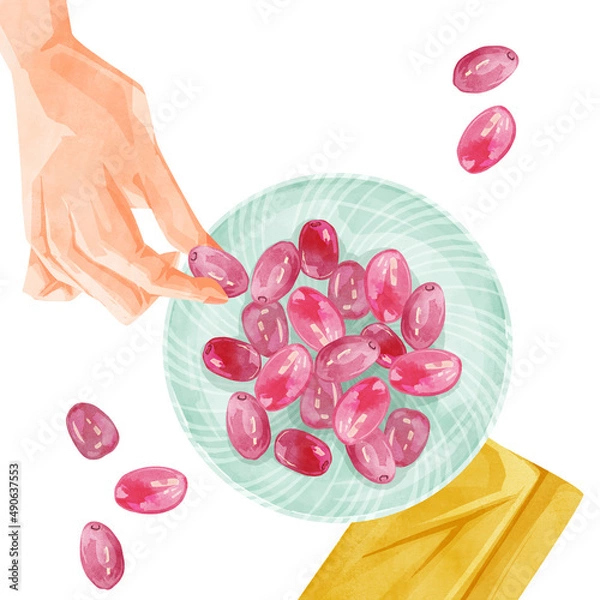 Fototapeta お皿に乗った果物の葡萄の手描き水彩風イラスト