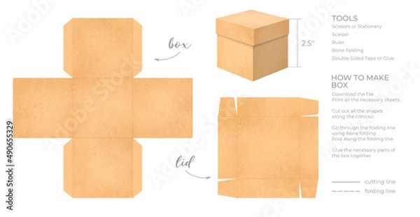 Obraz Printable template DIY party favor box for birthdays, baby showers. Gift orange square box template for cute candies small presents. Isolated on white background. Print, cut out, fold, glue.