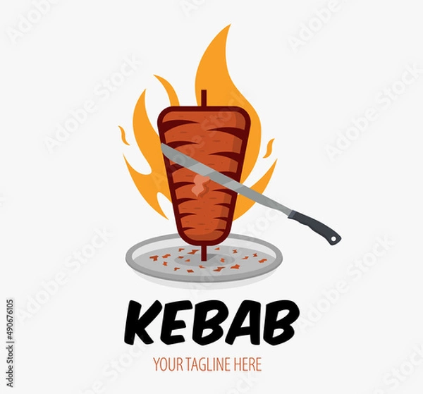 Fototapeta Creative Doner kebab logo with flame element. Shawarma emblem. Turkish fast food restaurant, barbecue cafe or grill bar symbol of skewer or rotating spit with grilled meat.