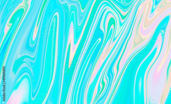Fototapeta Abstract textured iridescent multicolored liquid background in blue and green tones.