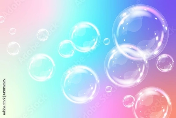 Obraz Vector background with realistic soap bubbles on iridescent gradient