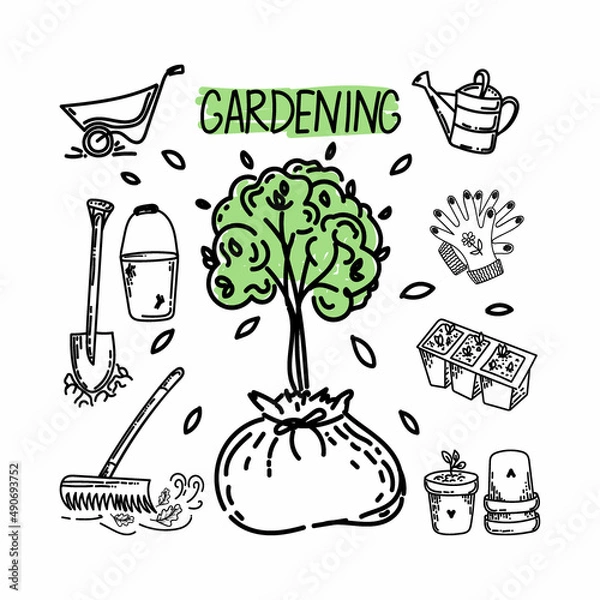 Fototapeta A set of gardening, hand-drawn doodle-style elements. Planting young trees. Work in the garden. Tools for the garden. Simple linear vector style for logos, icons and emblems.