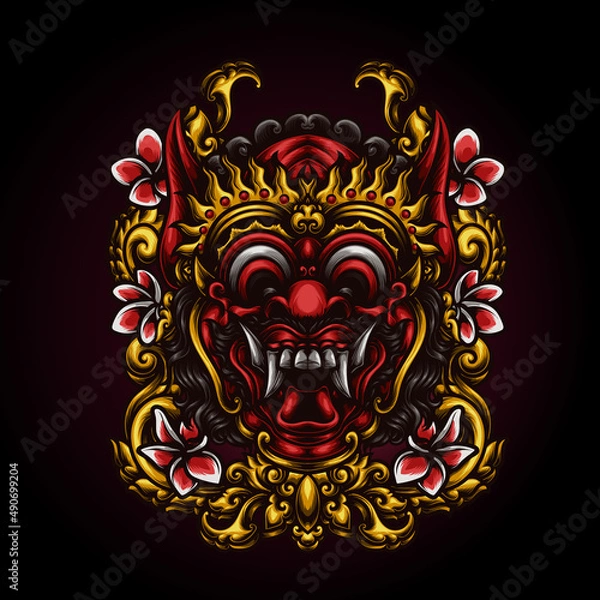 Obraz Balinese demon mask with carved ornament vector illustration