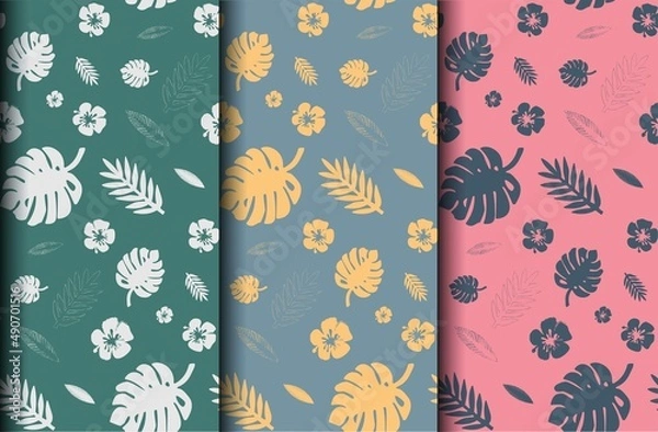Obraz set of seamless pattern leaves on different colors