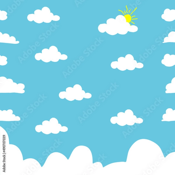 Obraz white cloud with sun illustration on blue sky background. hand drawn vector, seamless pattern. clean sky, sunny day. doodle art for wallpaper, fabric, baby clothes, wall decoration, wrapping paper. 