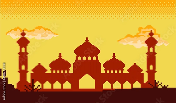 Fototapeta Ramadan pixel art there is a magnificent mosque building and such a beautiful sky