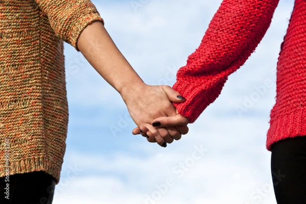 Obraz Close-up Holding Hands on blue ski background