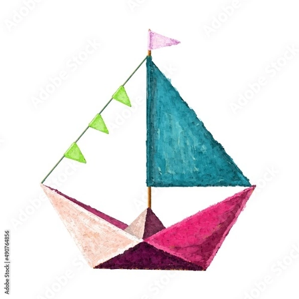 Fototapeta Paper boat on white. 
Color illustration of a paper boat with a colored sail. Oil paints. Spring colors. Idea for children's art, children's books, color books, greeting cards.