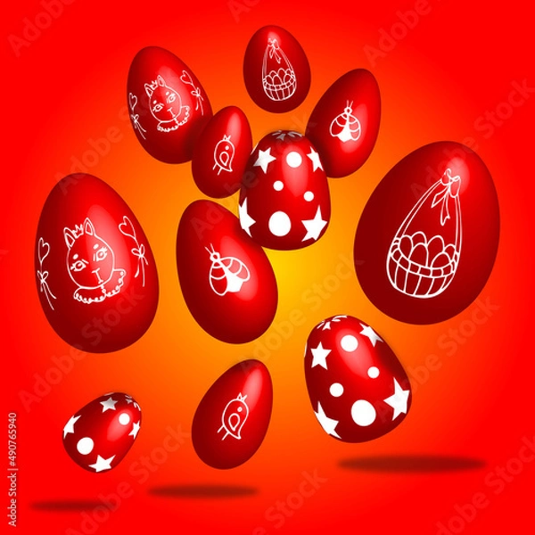 Fototapeta Festive Easter banner with red eggs. Design with 3D image for printing cards, invitation, book cover, stationery, backdrop, magazine.