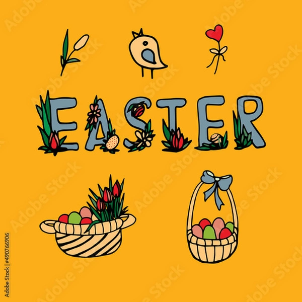 Fototapeta Easter poster and postcard template with Easter eggs in baskets on ocher background. Congratulations and gifts for Easter in a flat style. Easter promotion and shopping template