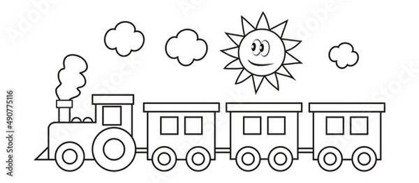 Obraz train and sad sun, coloring page, vector illustration,