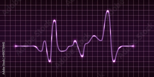 Fototapeta Electric impulse signal, heart beat pulse monitor, oscilloscope electrocardiogram graph. Purple glowing  electric light effect. MOdern technology vector illustration