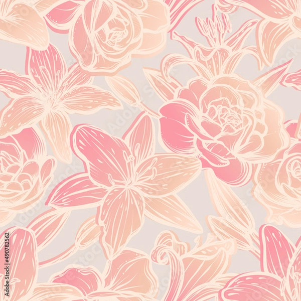 Fototapeta Botanical vector illustration, summer lilium and roses flowers, bouquet of flowers, romantic decoration, line art style, Handmade, grey background, seamless pattern