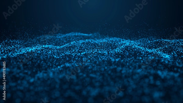 Fototapeta Wave of particles. Abstract background with a dynamic wave. Blue background with moving particles. 3d rendering.