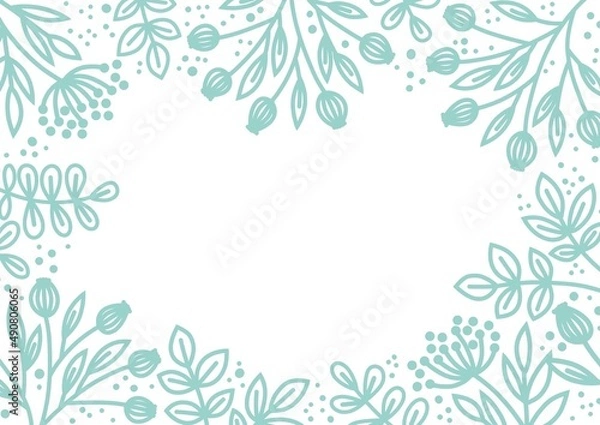 Obraz Leaves, flowers and twigs on a white background. Plant frame with floral design. Space for text and graphic design. Festive background with a pattern of twigs.