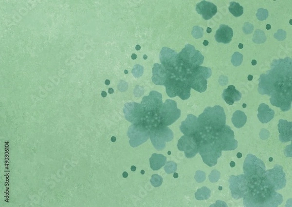 Fototapeta Green background with flowers. Watercolor texture. Old vintage background with blur, gradient and grunge texture. Background paper texture for graphic design and artistic creation.