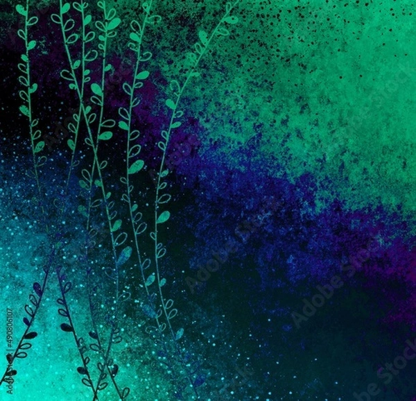 Obraz Turquoise blue green old vintage background with blur, gradient and grunge texture. Thin long twigs with leaves on a colored background. Watercolor texture with stains, splashes and strokes. 