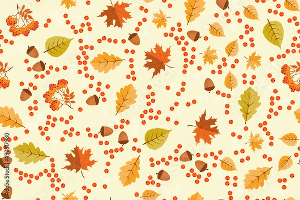 Fototapeta Autumn seamless pattern background with falling leaves. Illustration