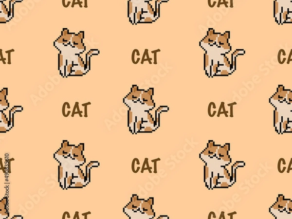 Fototapeta Cat cartoon character seamless pattern on brown background.Pixel style