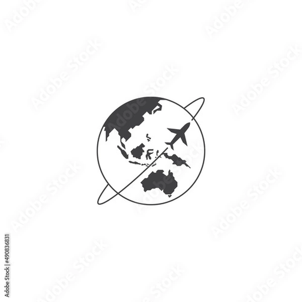 Fototapeta Travel around The World by Plane. World Map and Plane. Vector outline icon illustration template